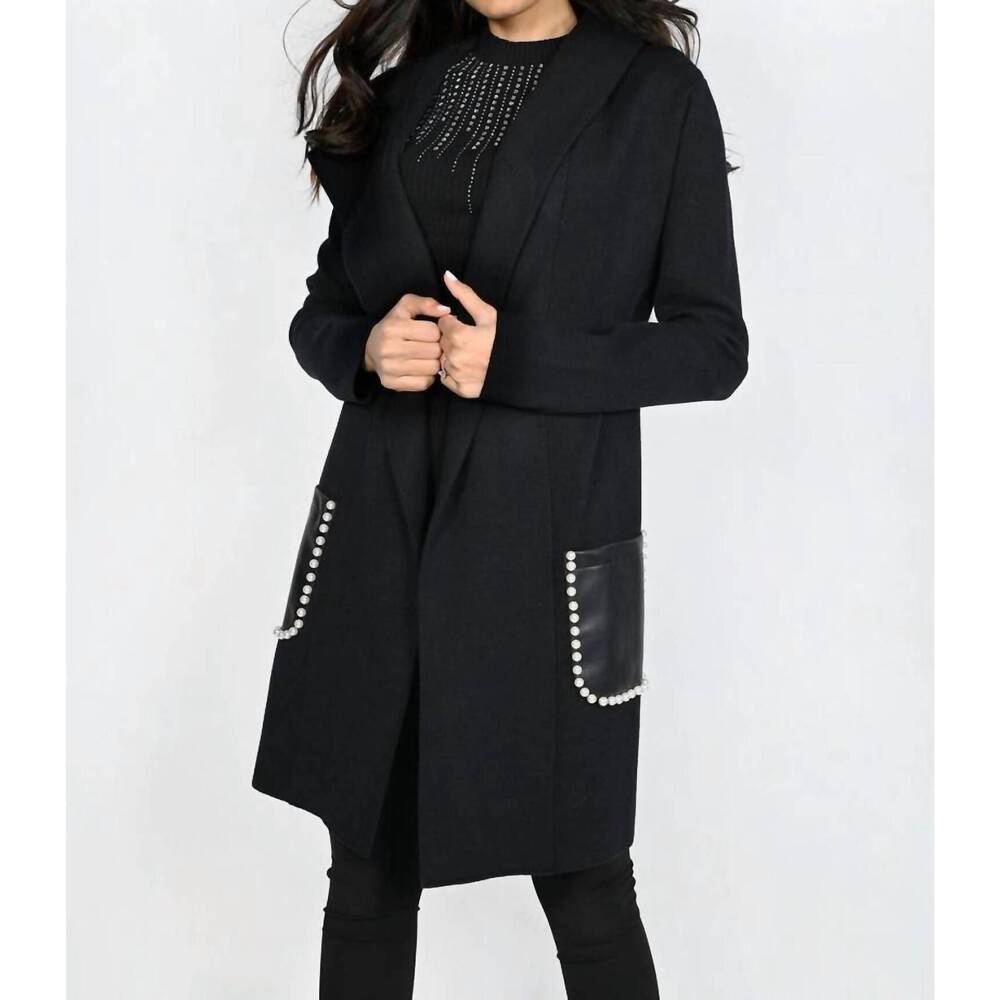 NEW FRANK LYMAN bess faux leather pockets hoodie in black